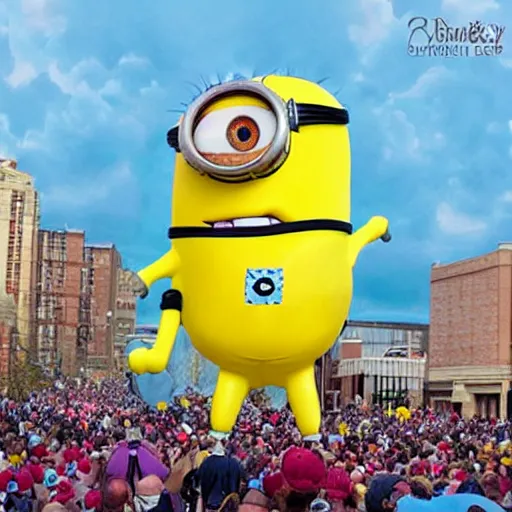 Prompt: minion macys parade thanks giving day balloon float realistic photo