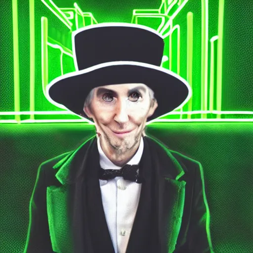 Image similar to man with neon green clothing, a scarf and a tophat sitting down in a black void,