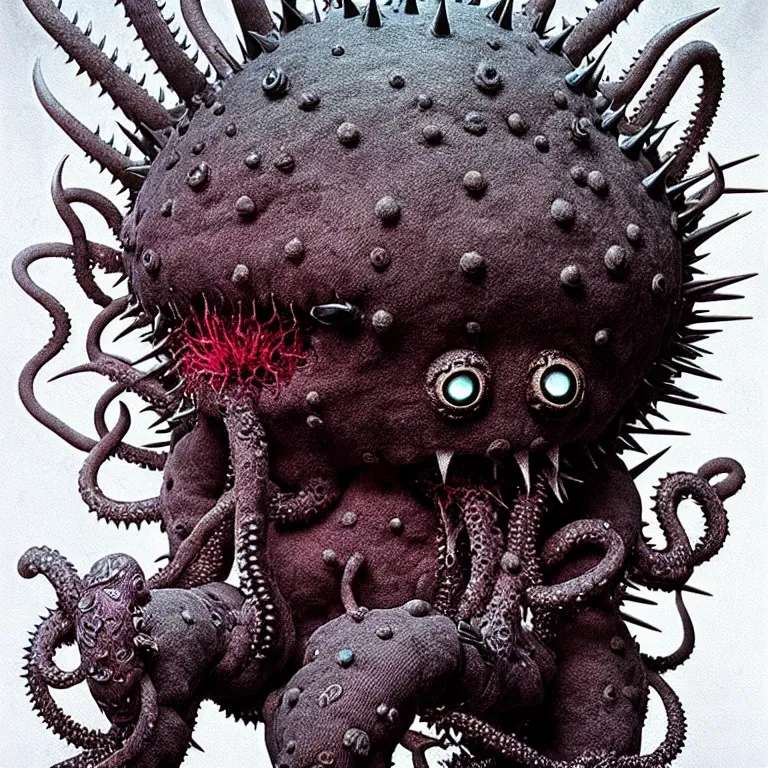 Prompt: photo of cute plush fluffy chibi monster with spikes, tentacles and many eyes. jpeg compression artifacts, strong compression artifacts. made by giger, wayne barlowe, dariusz zawadzki, zdzislaw beksinski