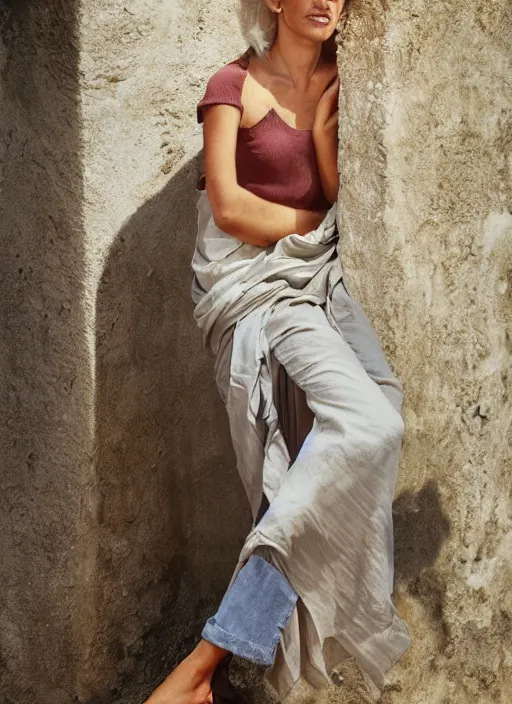 Image similar to photograph of an olive skinned blonde female model in her late twenties, her hair pinned up, wearing a designer top, looking content, photographed by steve mccurry