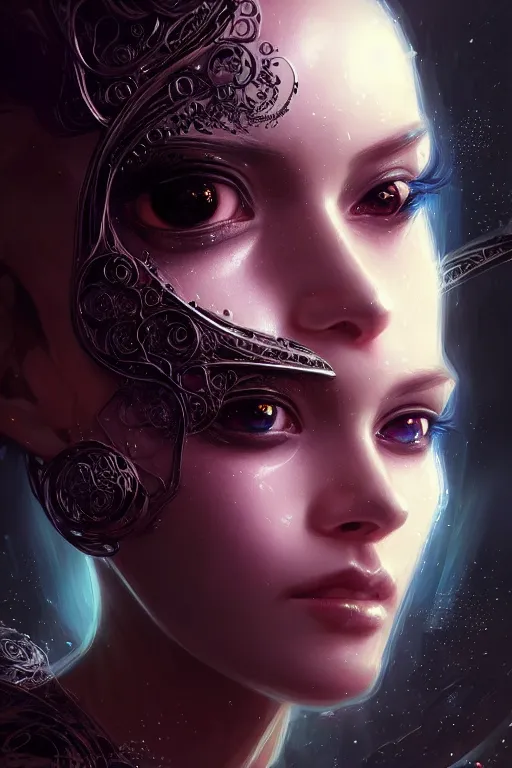 Image similar to beautiful female android in distress!, black shiny eyes, half portrait, background explosion, intricate detailed environment, floro details, intricate, elegant, highly detailed, digital painting, artstation, concept art, smooth, sharp focus, illustration, art by artgerm and greg rutkowski and brian sum,