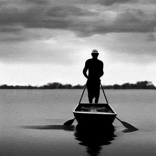 Image similar to wide angle, far view, light coming of a silhouette of a man that is rowing a little boat while its raining, digital art, but as a realistic photo