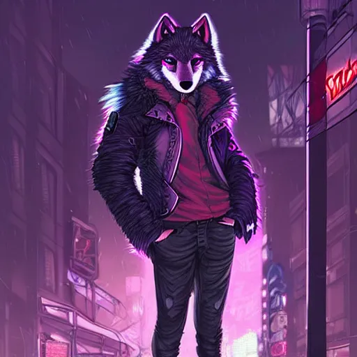 Prompt: beautiful furry art portrait commission of a furry anthro wolf fursona wearing punk clothes in the streets of a cyberpunk city at night in the snow. neon signs. character design by charlie bowater, ross tran, rick griffin, miles df, detailed, inked, western comic book art