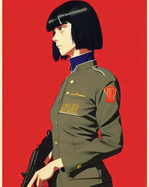 Prompt: girl wearing uniform, holding pistol at side, side view, looking down | | audrey plaza, fine detail!! anime!! realistic shaded lighting!! poster by ilya kuvshinov katsuhiro otomo ghost - in - the - shell, magali villeneuve, artgerm, jeremy lipkin and michael garmash and rob rey