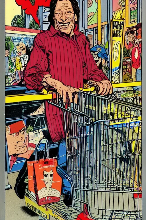 Prompt: jim varney in a shopping cart outside of k - mart, 6 0 ’ s style cartoon cover by jean henri gaston giraud, comic book artist moebius, comic book arzach style