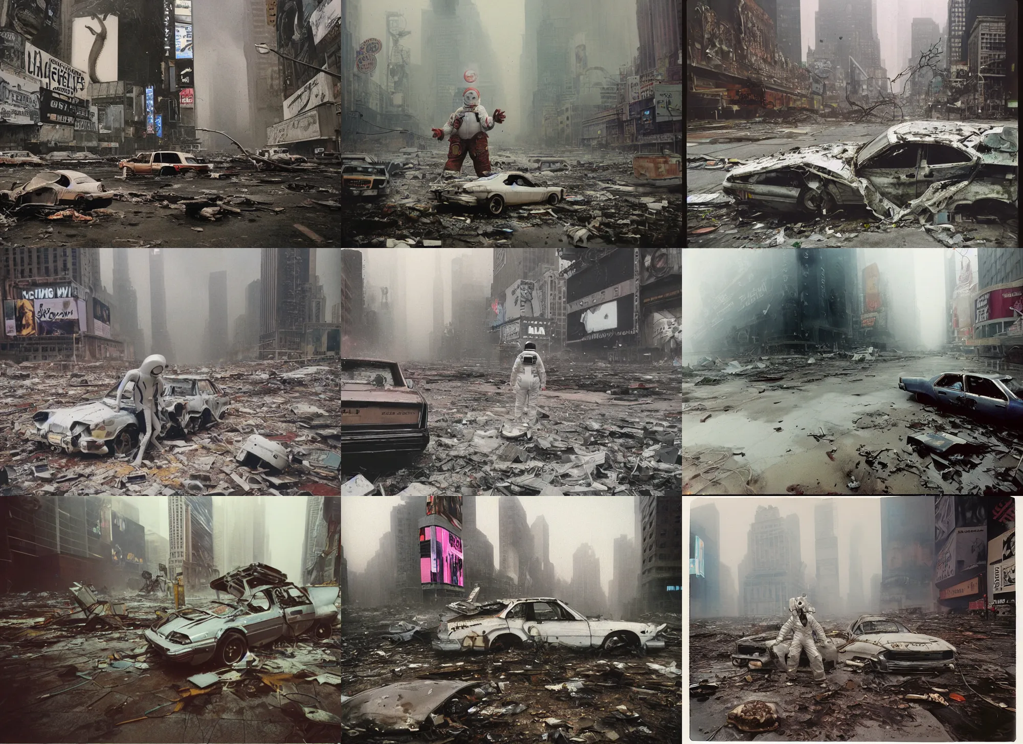 Prompt: octopus wearing white spacesuit in postapocalyptic abandoned destroyed times square, wrecked buildings, destroyed flipped wrecked cars, underwater polaroid photo, vintage, foggy, 1 9 8 5, neutral colors, rainy day, color photo by gregory crewdson