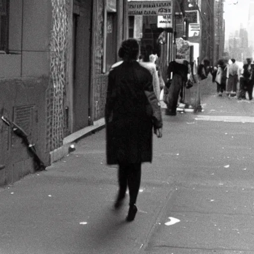 Prompt: covert surveillance photo of unidentified female suspect on a New York City street in 1985