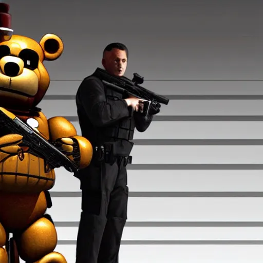 Prompt: Heavily armed Secret Service agents guarding Freddy Fazbear