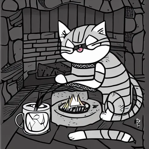 Image similar to Cat lying by the fire, anime, Kawaii, mcbess