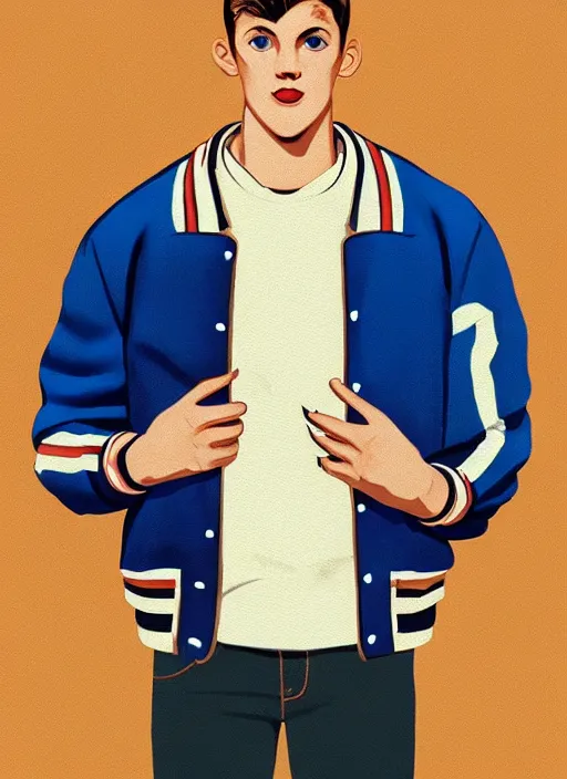 Image similar to portrait of a high school senior boy named moose mason, blonde short hair, jock, beefy, square jaw, square facial structure, 1 9 5 0 s, blue varsity jacket, intricate, elegant, glowing lights, highly detailed, digital painting, artstation, concept art, smooth, sharp focus, illustration, art by wlop, mars ravelo and greg rutkowski