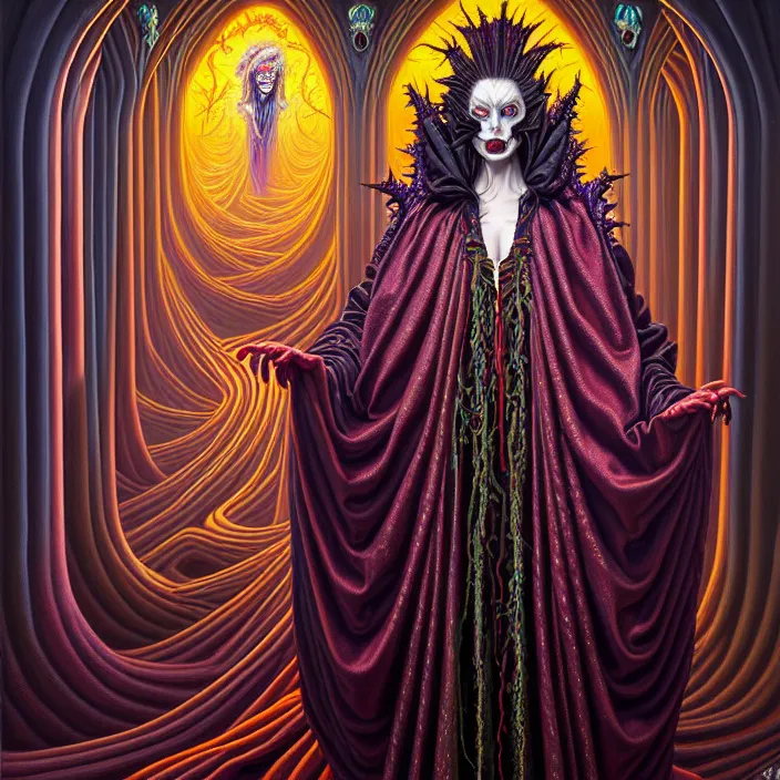 Image similar to beautiful oil painting, full length portrait of vampire in baroque coronation robes 1701, Dan Mumford, Dan Mumford, Alex grey, hyacinthe rigaurd, highly detailed , lsd visuals, dmt fractal patterns, visionary art, psychedelic art, ornate, vaporwave, baroque, Greg rutkowski