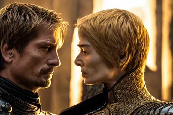 Image similar to very very intricate photorealistic photo of jaime lannister fighting cersei, photo is in focus with detailed atmospheric lighting, award - winning details