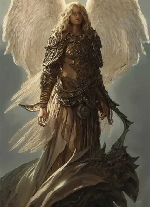 Image similar to Aasimar Paladin with shaggy silver hair, brown scruffy beard, angel wings, epic, striking, fantasy, intricate, elegant, highly detailed, digital painting, artstation, concept art, smooth, sharp focus, illustration, art by Krenz Cushart and Artem Demura and alphonse mucha