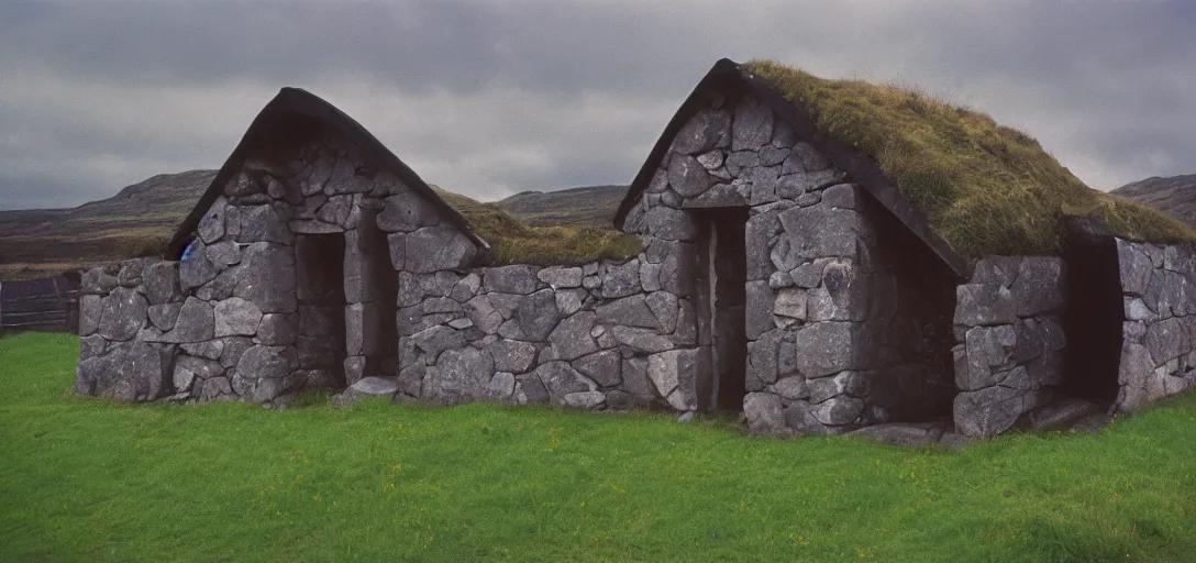 Image similar to postmodern scottish blackhouse. fujinon premista 1 9 - 4 5 mm t 2. 9. portra 8 0 0.