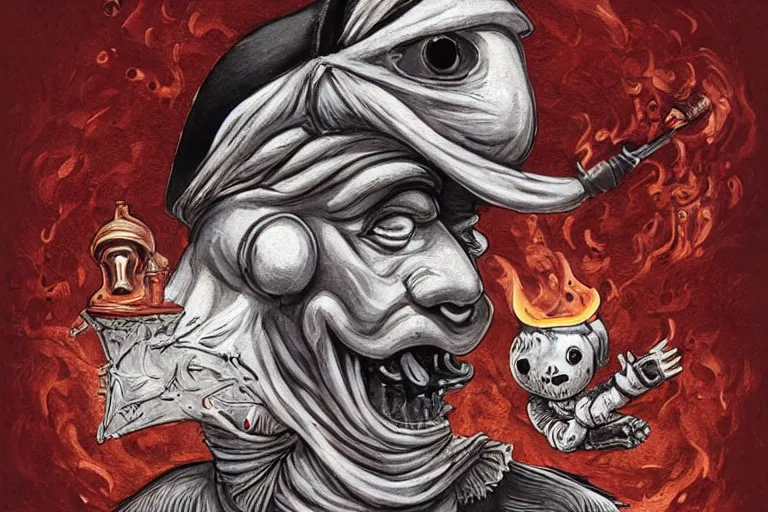 Prompt: a highly detailed pulcinella!! from naples, pizza!, volcano, black sky, smoke, fire lava, post - apocalyptic vibe, full body, wide angle, an ultrafine detailed painting by joe fenton, trending on deviantart, whimsical, lowbrow, perfect symmetrical face, sharp focus, octane, masterpiece