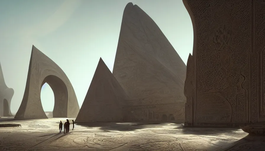 Image similar to the inside of a monument with arabian motifs, by tim blandin and arthur haas and bruce pennington and john schoenherr, big windows architecture by zaha hadid, octane render, cinematic, scenery, cgsociety, modernism, futuristic, trending on artstation, sci - fi, high detail, high quality, close up angle, people walking