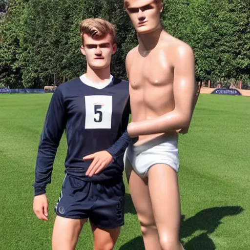 Image similar to a realistic detailed photo of a guy who is an attractive humanoid who is half robot and half humanoid, who is a male android, soccer players martin ødegaard & timo werner, shiny skin, posing like a statue, blank stare, by the pool, on display, showing off his muscles