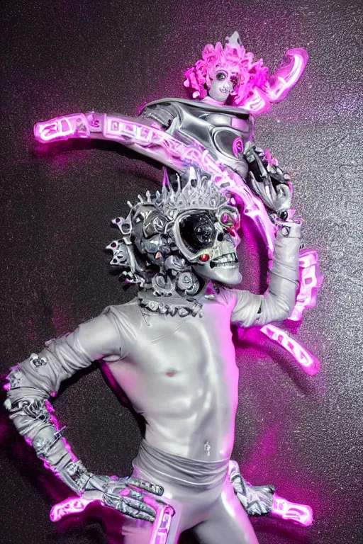 Prompt: full-body rococo and cyberpunk style neon statue of a young attractive mexicano macho chacal android reclining sim roupa con camote, glowing white laser eyes, prince crown of pink gears, diamonds, swirling silver-colored silk fabric. futuristic elements. full-length view. space robots. human skulls. intricate artwork by caravaggio. Trending on artstation, octane render, cinematic lighting from the right, hyper realism, octane render, 8k, depth of field, 3D