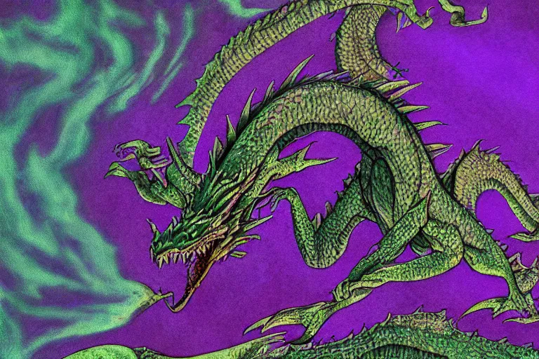 Image similar to emerald dragon wyrmling yawned by the growl, art by brian lee durfee, trending on artstation, dramatic violet and purple lighting microscopic view gigapixel, ambrotype, in the silver hour, hdr, historicism