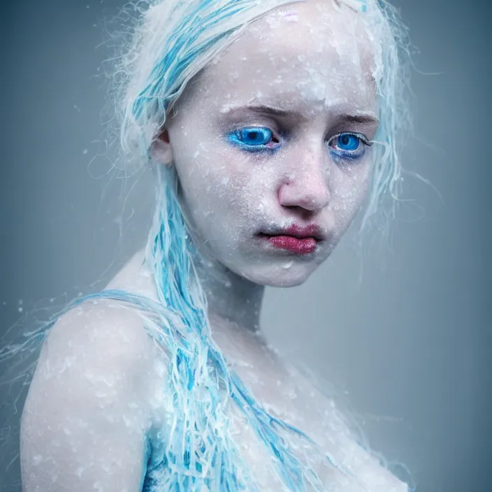 Image similar to a sickly looking young woman dying of hypothermia, with very white skin and pale blue hair wearing a long white summer dress made out of snowflakes in the middle of a heavy snowstorm. pale light blue lips. full body digital portrait by maromi sagi