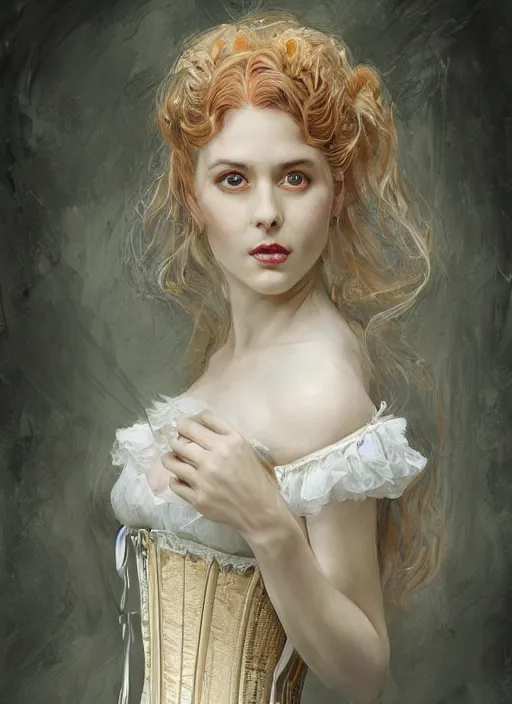 Image similar to portrait of a beautiful Victorian female ghost in a corset, intricate, elegant, highly detailed, centered, digital painting, artstation, concept art, smooth, sharp focus, illustration, artgerm, donato giancola, Joseph Christian Leyendecker, WLOP, Artgerm