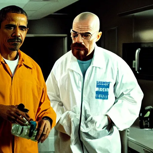 Prompt: film still of Obama making meth with Walter White in Breaking bad in season 1 episode 6, 4k, photorealistic faces