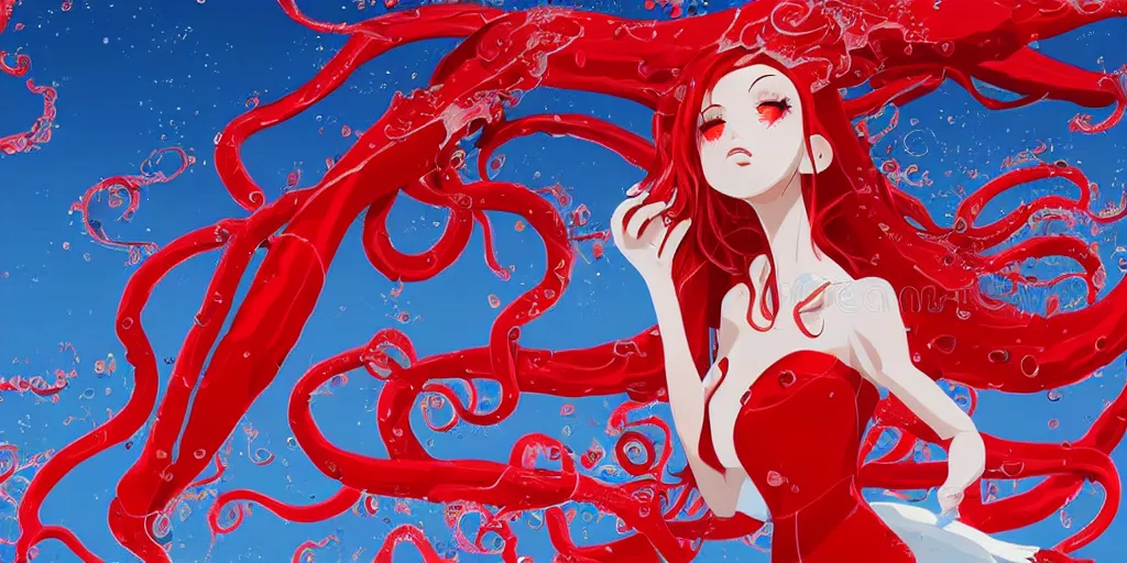 Image similar to a 2 meter woman white skin red dress standing in the middle of the image, gradient background, behance illustration, vector drawing, art by gibli studios, anime, tentacles wallpaper, sun, water splashed, high detailed, sharp focus, blue