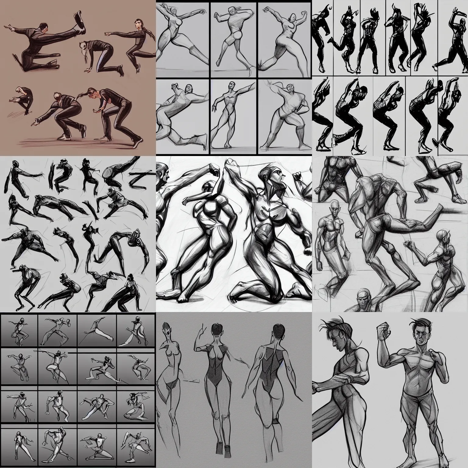 Prompt: dynamic poses, practice sketches, pushed perspective, foreshortening, Instagram, gesture drawings, twisting of the form, stylized proportions