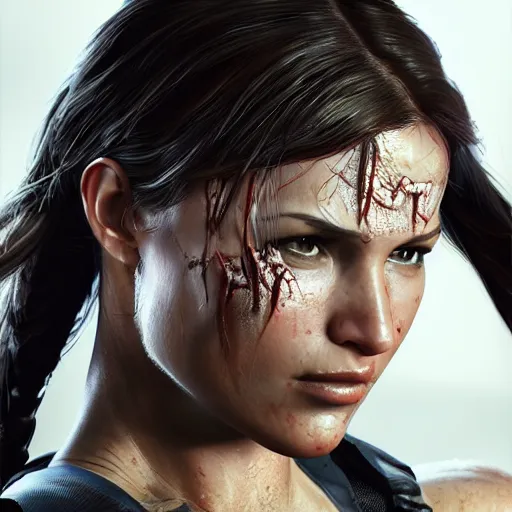 Image similar to Lara croft as spiderwoman,face get water , heavy rain ,dramatic, intricate, highly detailed, concept art, smooth, sharp focus, illustration, Unreal Engine 5, 8K