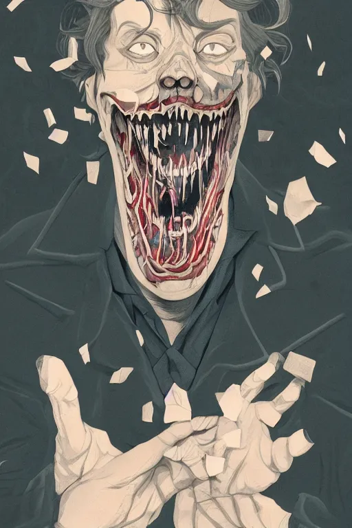 Prompt: rip taylor throwing confetti in sleepy hollow, full body, big two toned eyes, teeth gritted, horror, intricate details, cinematic, epic, realistic, anatomy, tomer hanuka, uplight, artstation, photorealistic, scary