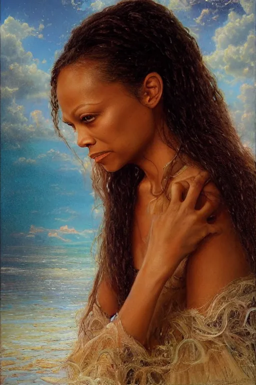 Prompt: Zoe Saldana, looking at the viewer, in the style of Lilia Alvarado, Sophie Anderson, Mark Arian, Bob Byerley, Charlie Bowater, Mark Brooks, Steve Henderson, Justin Gerard, Arthur Hughes, Edward Robert Hughes, Mark Keathley, Victor Nizovtsev, Carlos Shwabe, Ross Tran, WLOP