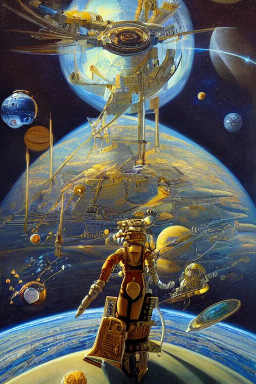 Image similar to space privateer of the reach, painted by james c. christensen and robert mccall, trending on artstation, soft illumination microscopic view abstract illusionism, in the silver hour, bokeh, avant - garde