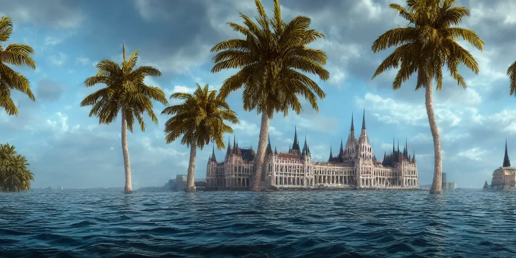 Image similar to matte painting of a hungarian parliament underwater-beach, palm trees behind, 4k, 8k, highly detailed, trending on ArtStation, CGSociety