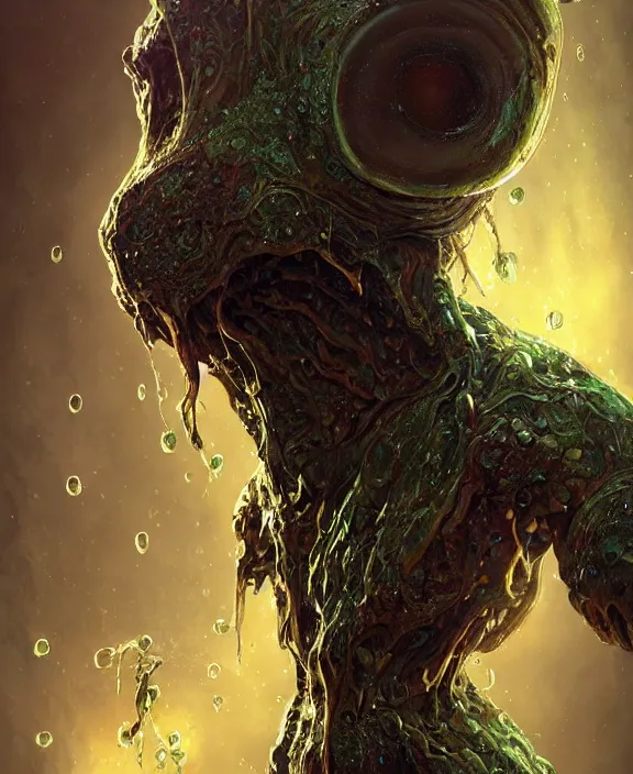 Image similar to portrait of a shining slime dripping abstract insect alien monster, slime, muscles, rippling slime, milky way environment, ultra realistic, concept art, intricate details, eerie, highly detailed, photorealistic, octane render, 8 k, unreal engine. art by artgerm and greg rutkowski and alphonse mucha