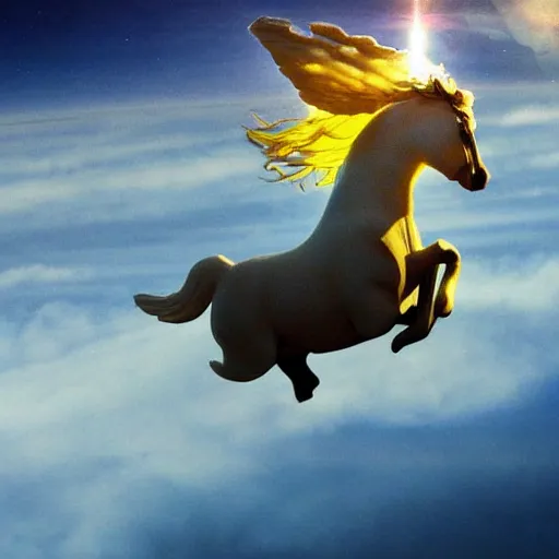 Prompt: a dreamy photograph of an astronaut riding a Pegasus flying above the clouds, mystical