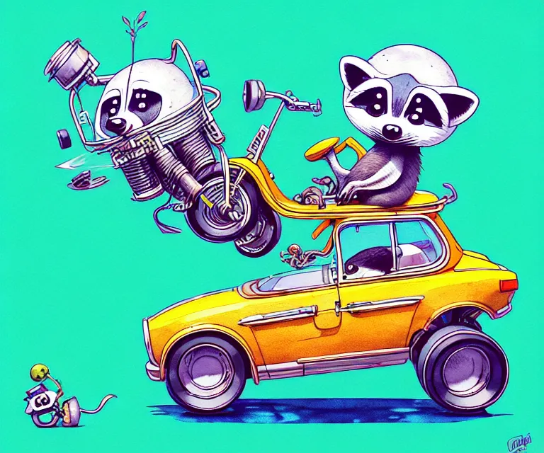 Prompt: cute and funny, racoon wearing a helmet riding in a tiny hot rod with oversized engine, ratfink style by ed roth, centered award winning watercolor pen illustration, isometric illustration by chihiro iwasaki, edited by beeple, tiny details by artgerm and beeple, symmetrically isometrically centered