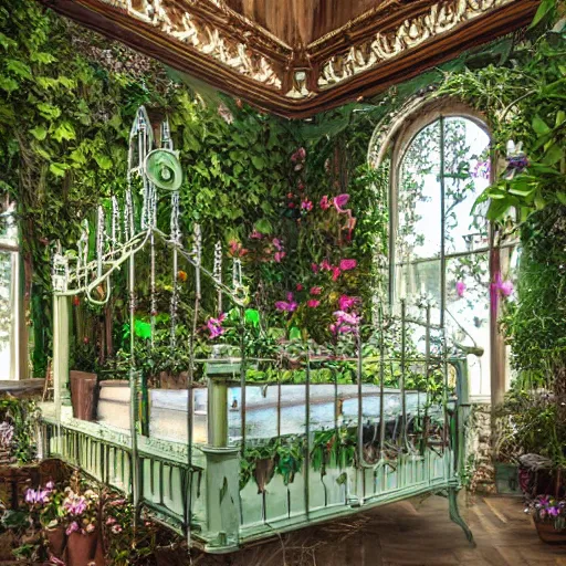 Image similar to a musical bedroom victorian greenhouse. The greenhouse is built into a giant oak tree, ornate, beautiful, atmosphere, vibe, volumetric, flowers, lighting,