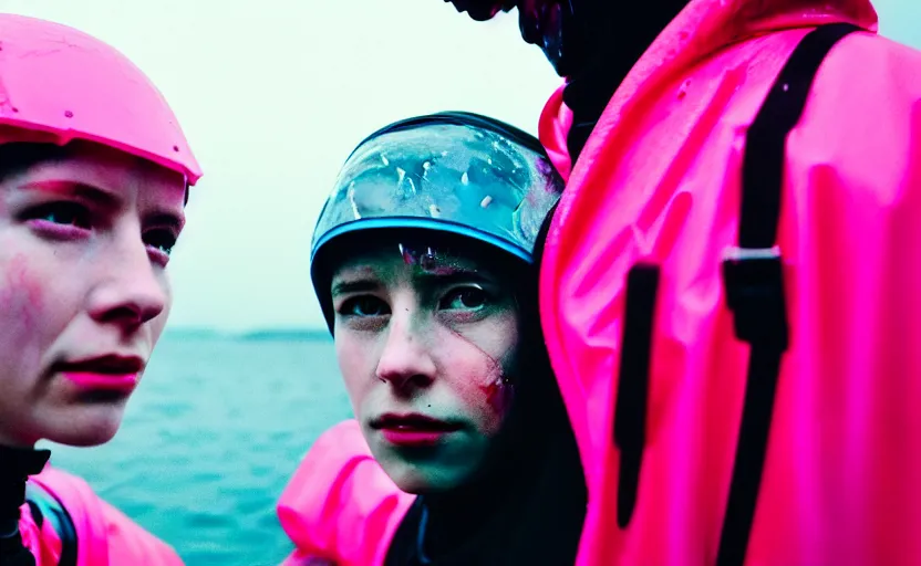 Image similar to cinestill 5 0 d candid photographic portrait by helen levitt of two cyborgs wearing rugged neon pink mesh techwear in treacherous waters, extreme closeup, modern cyberpunk moody depressing cinematic, pouring rain, 8 k, hd, high resolution, 3 5 mm, f / 3 2, ultra realistic faces, ex machina