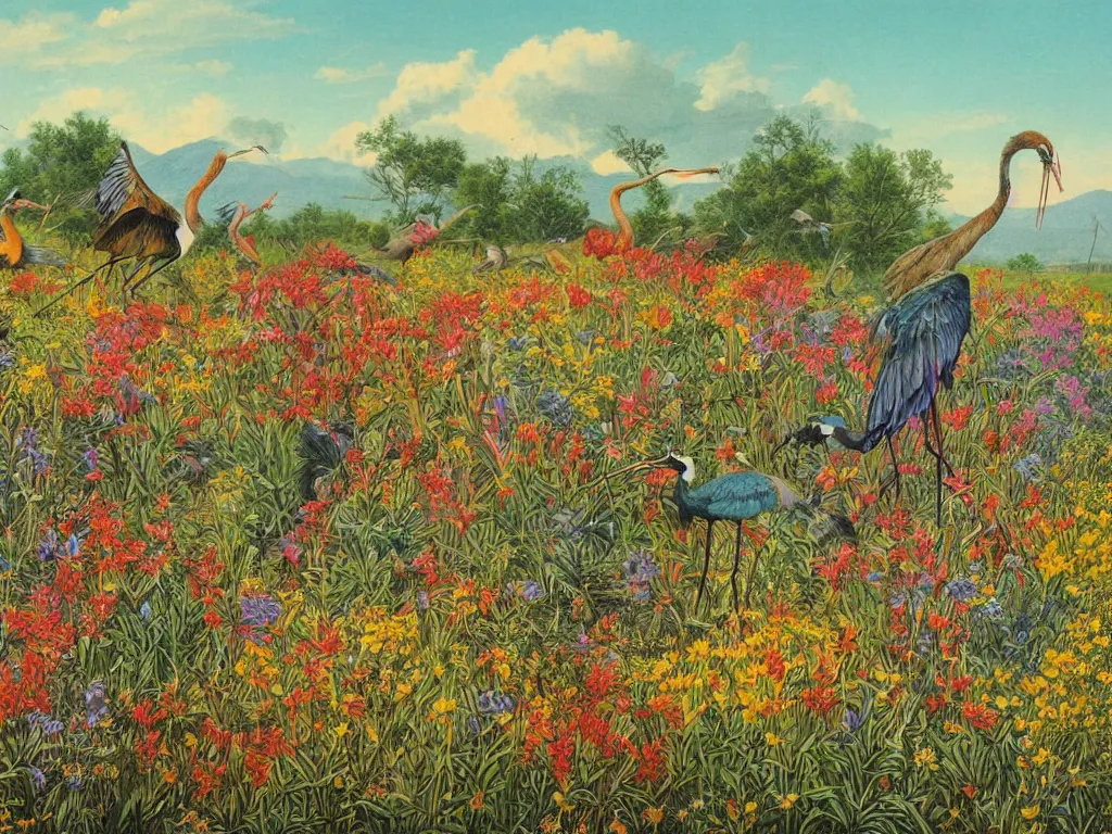 Prompt: hyper bullish Crane birds wearing cowboy hats drinking Uncle Aloysius brand snake oil stimulant tonic formula in a wild west flower field in formosa. Colorful painting by Audubon