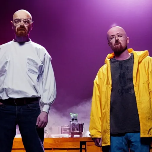 Image similar to Walter White and Jesse Pinkman making meth on a stage with a large crowd