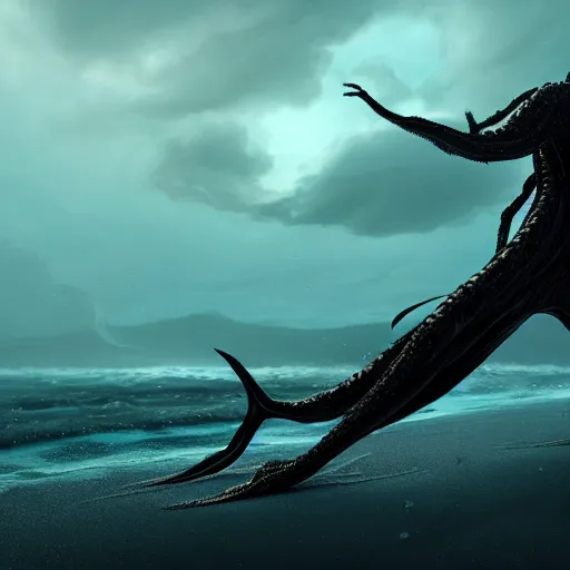 Image similar to a stunning cinematic wide shot of a beautiful confused slick sleek smooth humanoid sea monster wearing clothes made of seaweed on a dark stormy beach, well designed perfect with slick led eyes, sharp claws, cgsociety, hd octane render, fantasy, furry art, artstation, deviantart, furaffinity, very very clean