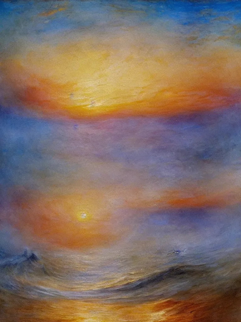 Image similar to a painting of beautiful waves in a colorful ocean during a breathtakingly misty sunset in the style of Joseph Mallord William Turner, artstudio, light oil color scheme