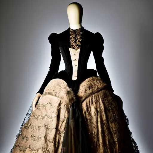 Prompt: a detailed high key lighting product photo of victorian couture. high fashion. fashion week