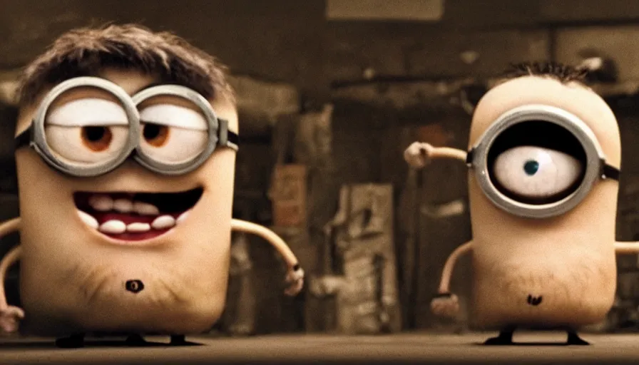 Image similar to fight club!!!!, fight club!!!! (((the minions))), movie still, directed by David fincher