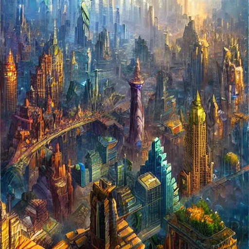 Image similar to gemstone crystal city, city made of bismuth cryengine render by android jones, james christensen, rob gonsalves, leonid afremov and tim white