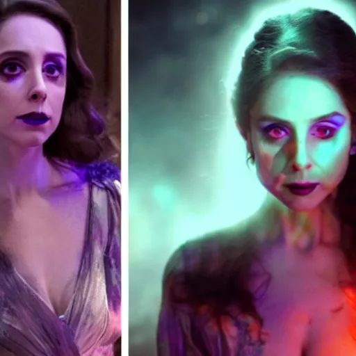 Prompt: Beautiful Alison Brie as a witch, in spooky and dark with den, lit by purple and blue flames, Symmetrical face, symmetrical eyes