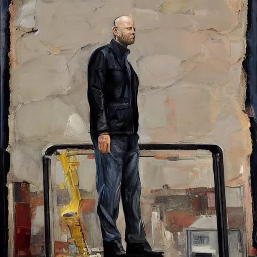 Image similar to portrait of jason statham pet detective standing atop a garbage truck mark rothko lucian freud greg rutkowski