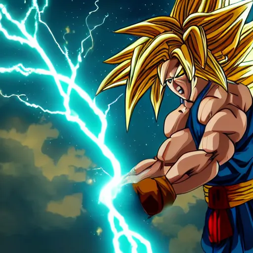 Image similar to jesus Christ as super saiyan, lightning in the sky, glowing, highly detailed, anime