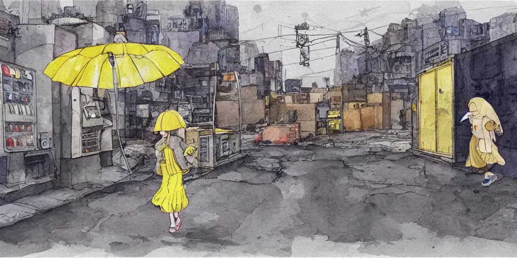 Image similar to deserted dusty junk town, a girl with a parka and a yellow parasol is running, broken vending machines, scene from the movie Ghost in the shell, watercolor, ultrawide