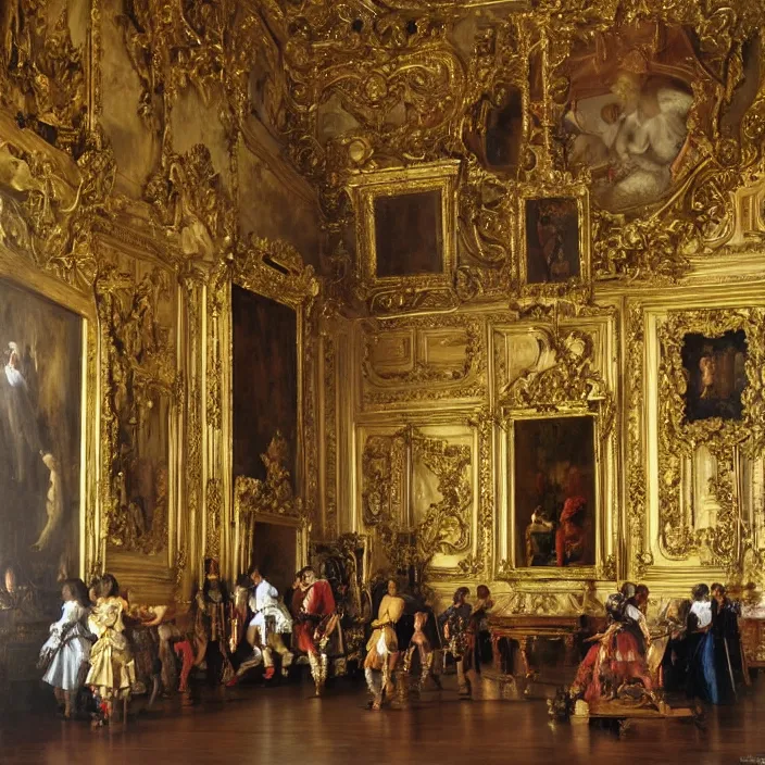 Image similar to fine art, oil on canvas baroque style by diego velasquez. the interior of the palace of versailles in france. fine art in the walls and